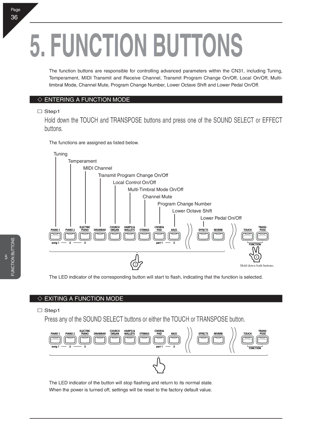 Kawai CN31 manual ‘ Entering a Function Mode, ‘ Exiting a Function Mode 