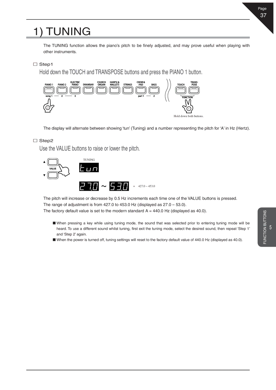 Kawai CN31 manual Tuning, Use the Value buttons to raise or lower the pitch 