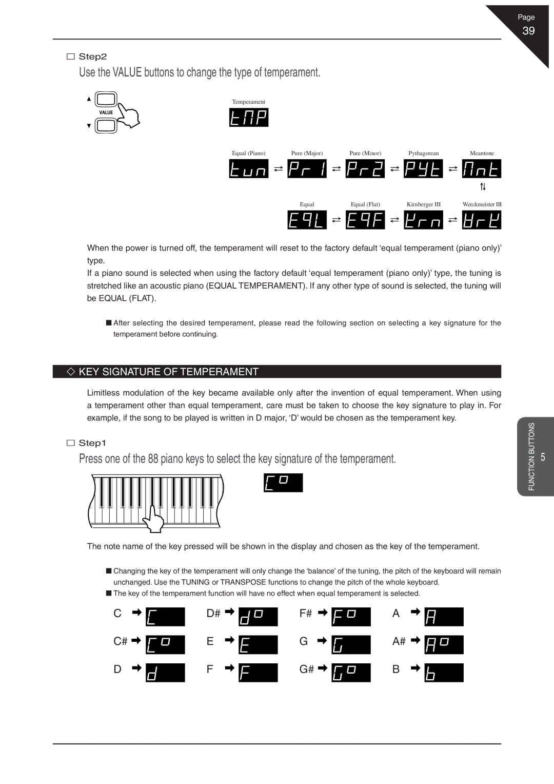 Kawai CN31 manual Use the Value buttons to change the type of temperament, ‘ KEY Signature of Temperament 