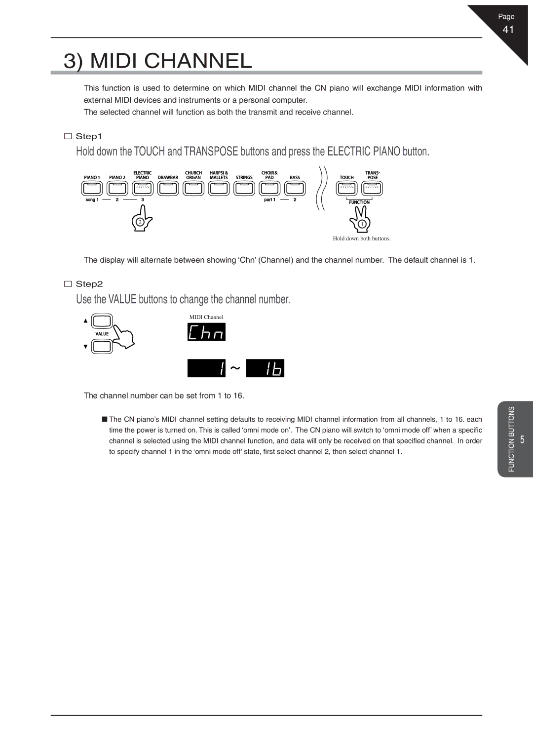 Kawai CN31 manual Midi Channel, Use the Value buttons to change the channel number, Channel number can be set from 1 to 