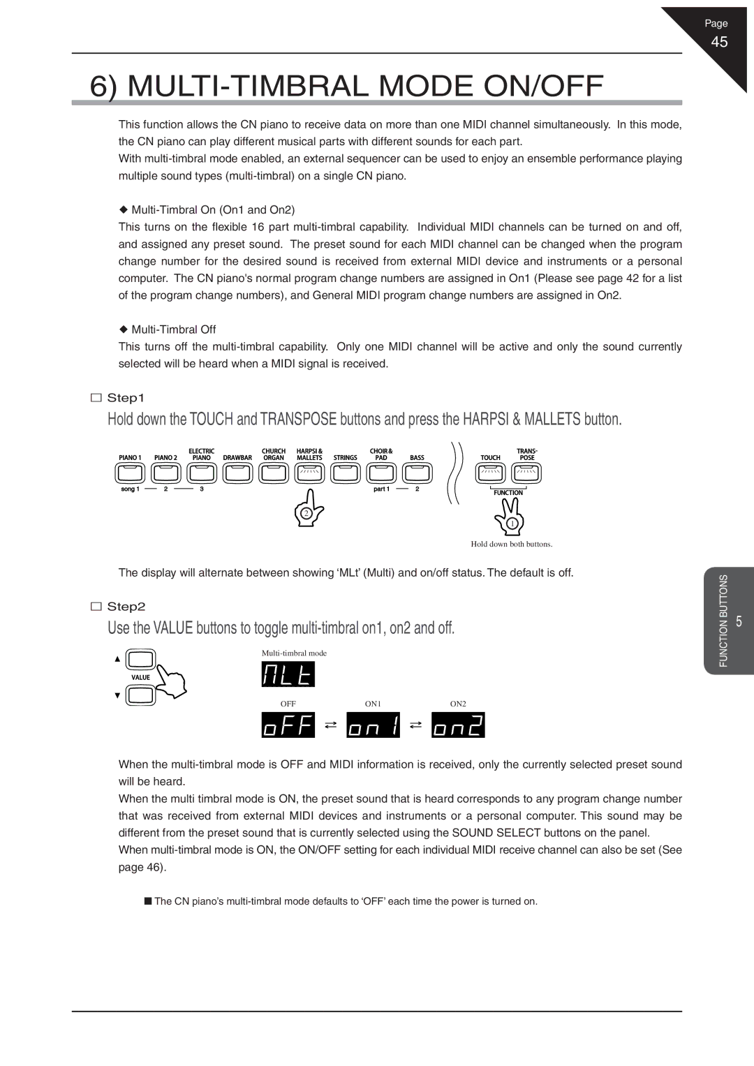 Kawai CN31 manual MULTI-TIMBRAL Mode ON/OFF 