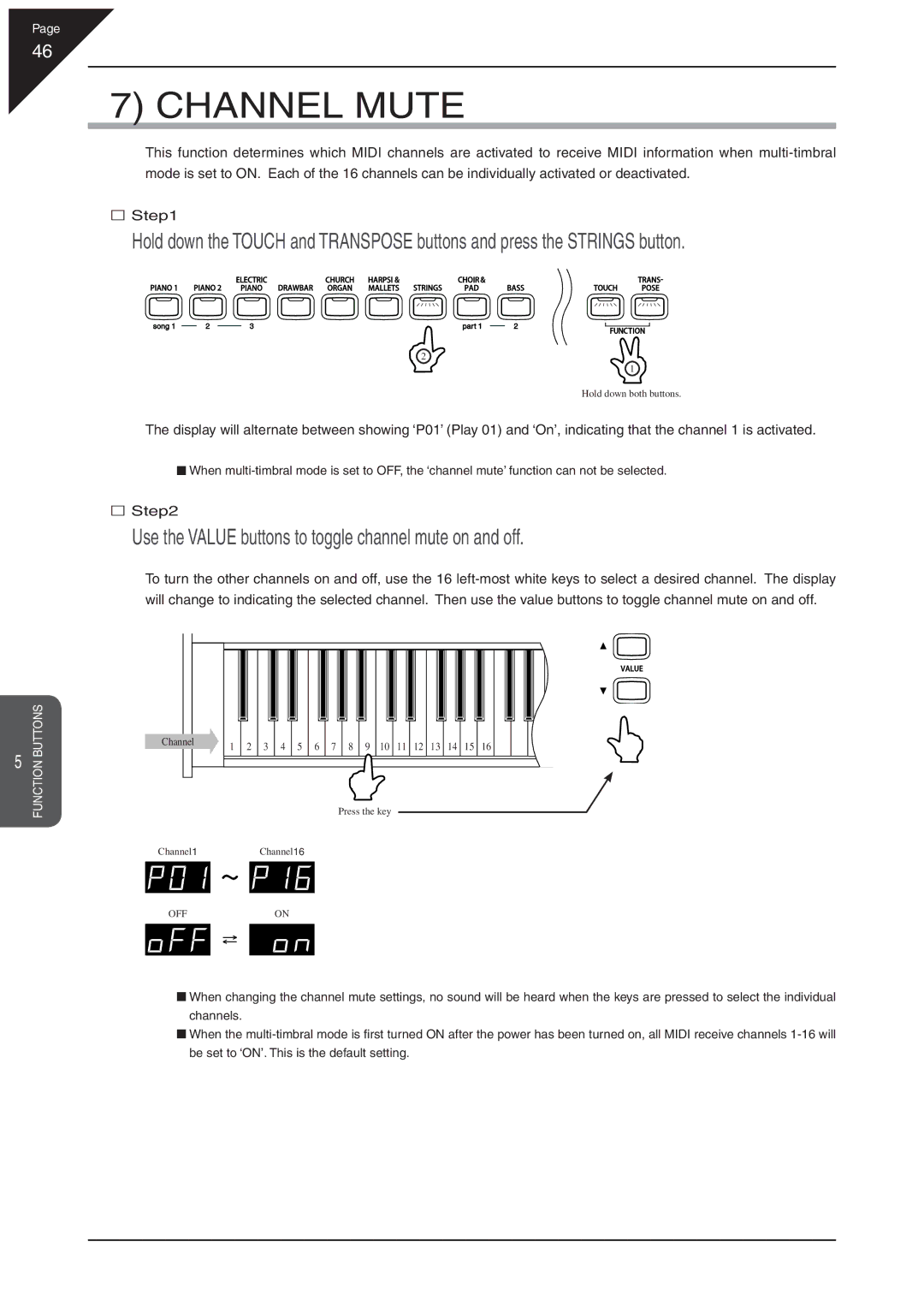 Kawai CN31 manual Channel Mute, Use the Value buttons to toggle channel mute on and off 