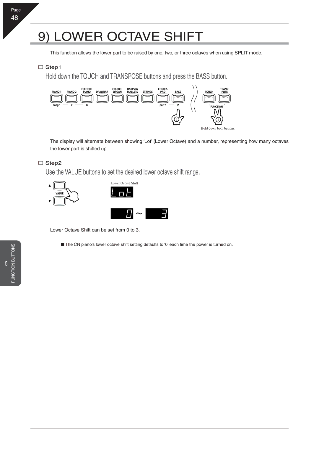 Kawai CN31 manual Lower Octave Shift can be set from 0 to 
