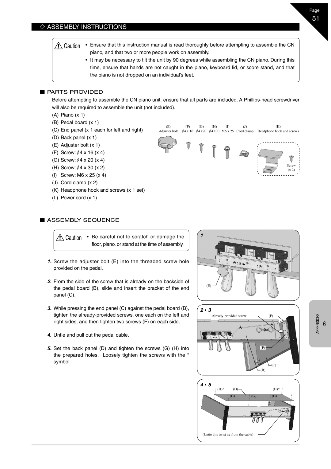 Kawai CN31 manual ‘ Assembly Instructions, „ Parts Provided, „ Assembly Sequence 