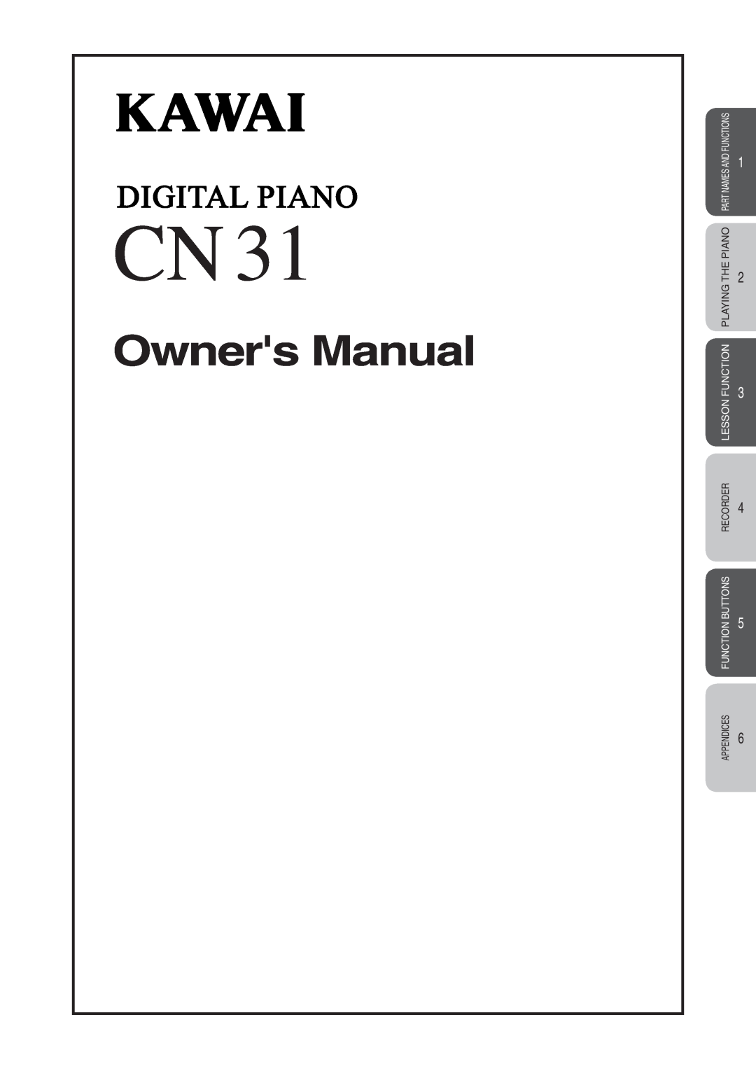 Kawai CN31 manual Owners Manual, The Piano, Playing, Lesson, Buttons, Recorder, And Functions, Appendices, Part Names 