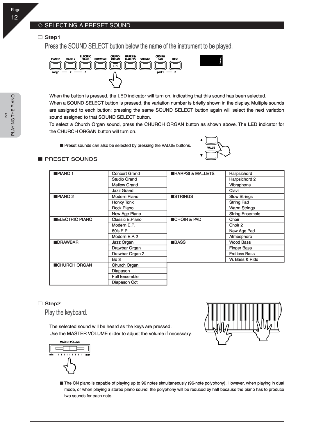 Kawai CN31 manual Play the keyboard, ‘ Selecting A Preset Sound 