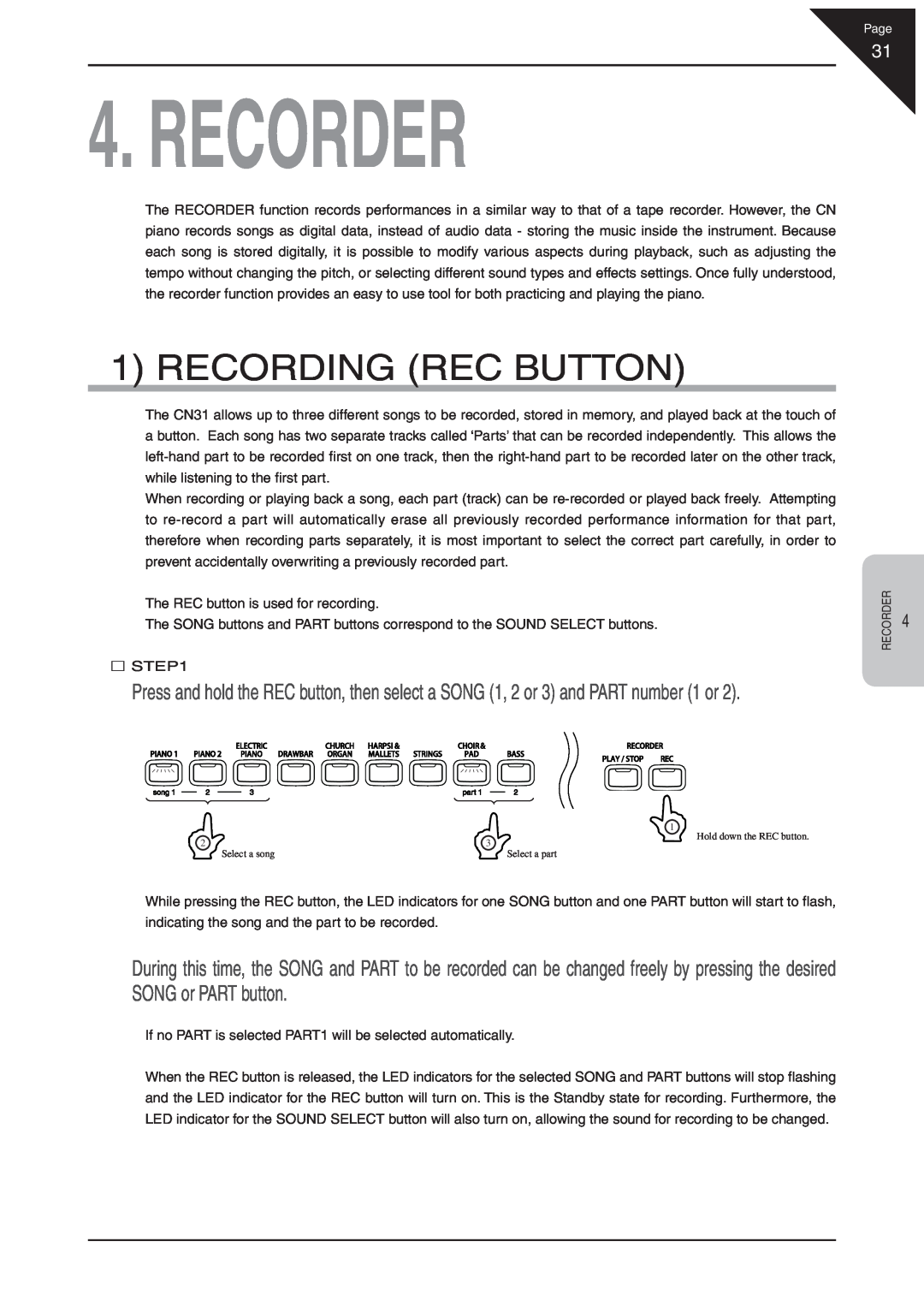 Kawai CN31 manual Recorder, Recording Rec Button 