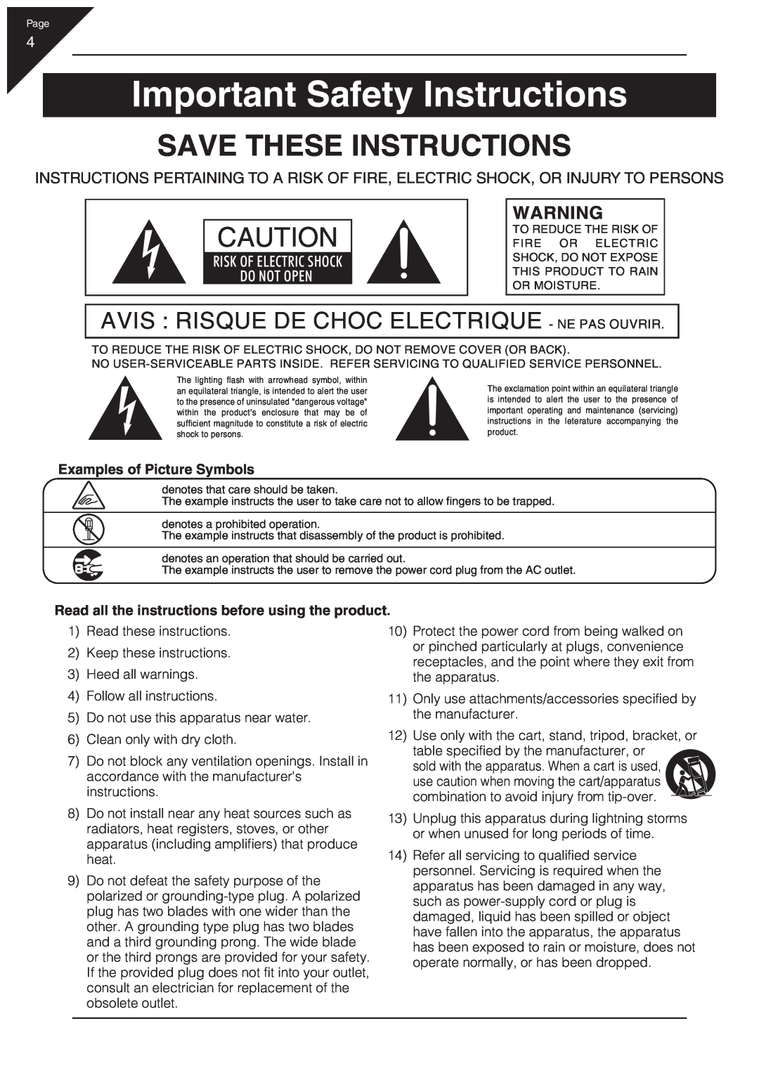 Kawai CN31 manual Important Safety Instructions, Save These Instructions, Avis Risque De Choc Electrique - Ne Pas Ouvrir 