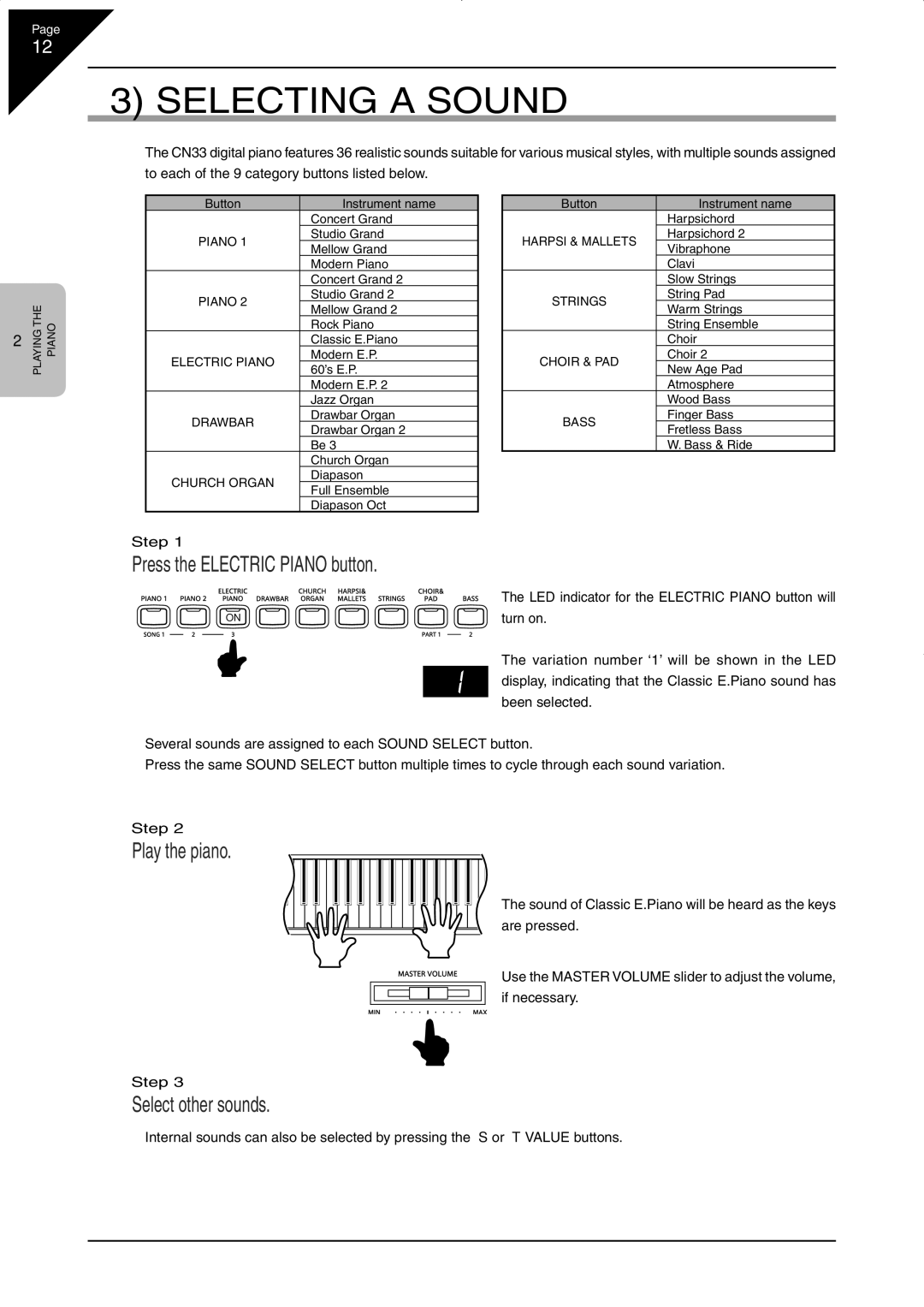 Kawai CN33 manual Selecting a Sound, Press the Electric Piano button, Select other sounds, Turn on 