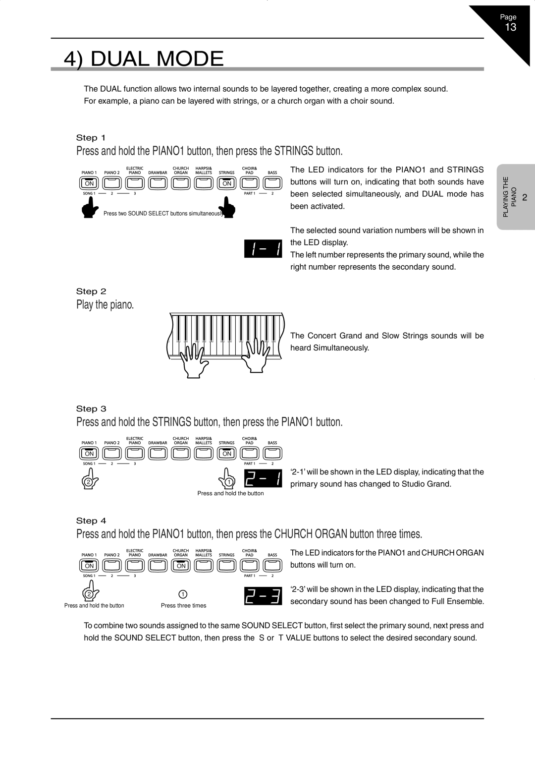 Kawai CN33 manual Dual Mode, Primary sound has changed to Studio Grand, Buttons will turn on 