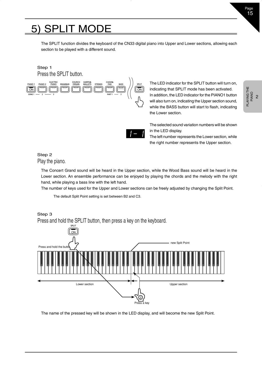 Kawai CN33 manual Split Mode, Press the Split button 