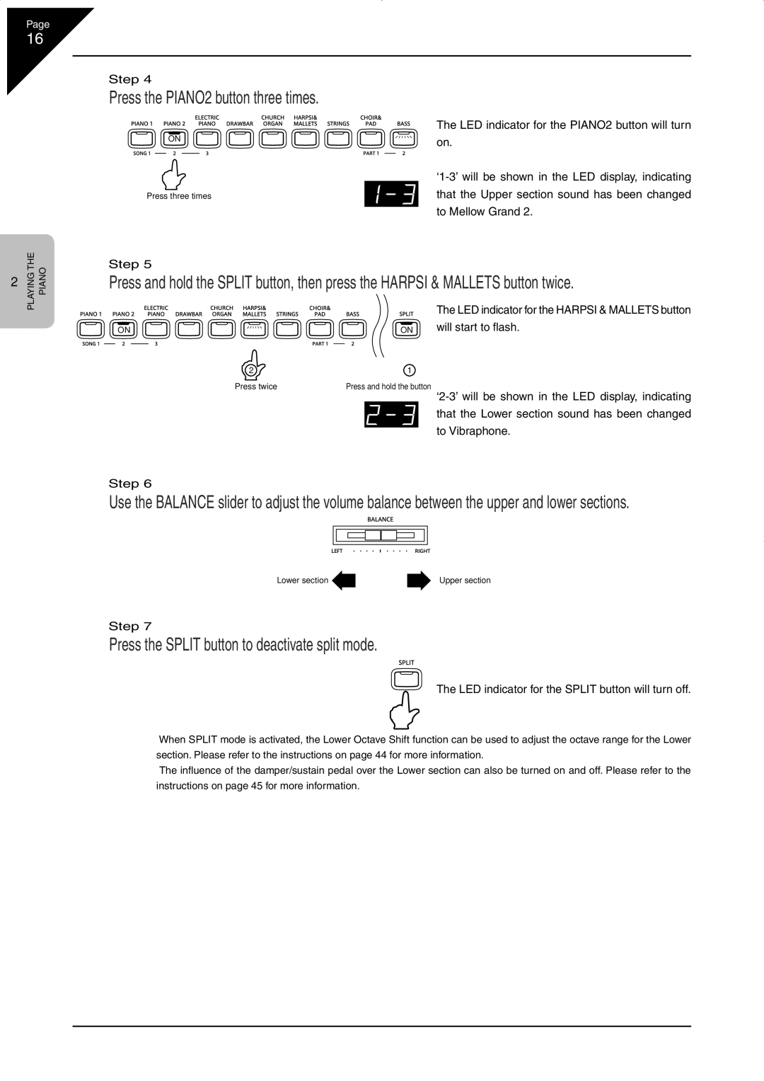 Kawai CN33 manual Press the PIANO2 button three times, Press the Split button to deactivate split mode 