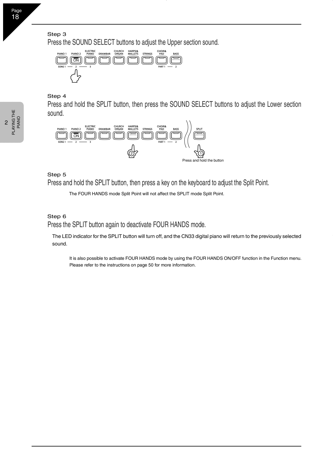 Kawai CN33 manual Press the Split button again to deactivate Four Hands mode 