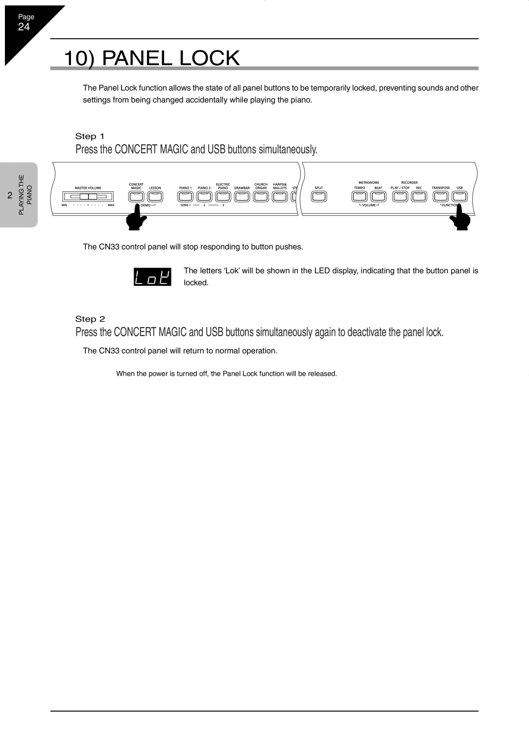 Kawai CN33 manual Panel Lock, Press the Concert Magic and USB buttons simultaneously 
