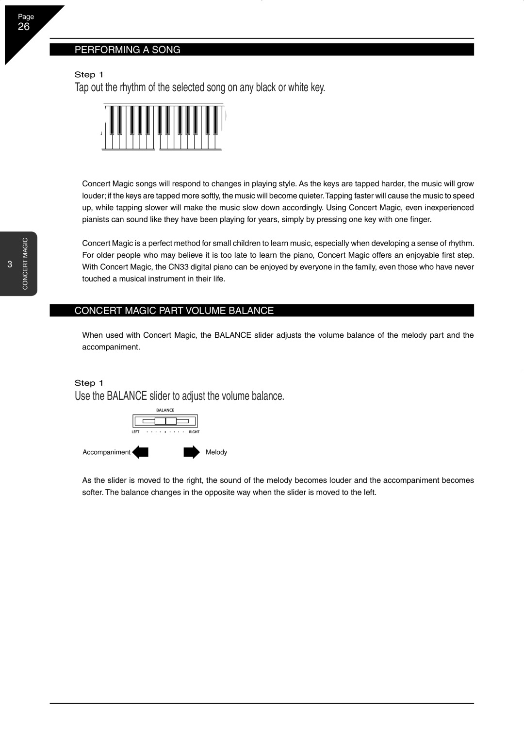 Kawai CN33 Use the Balance slider to adjust the volume balance, ‘ Performing a Song, ‘ Concert Magic Part Volume Balance 