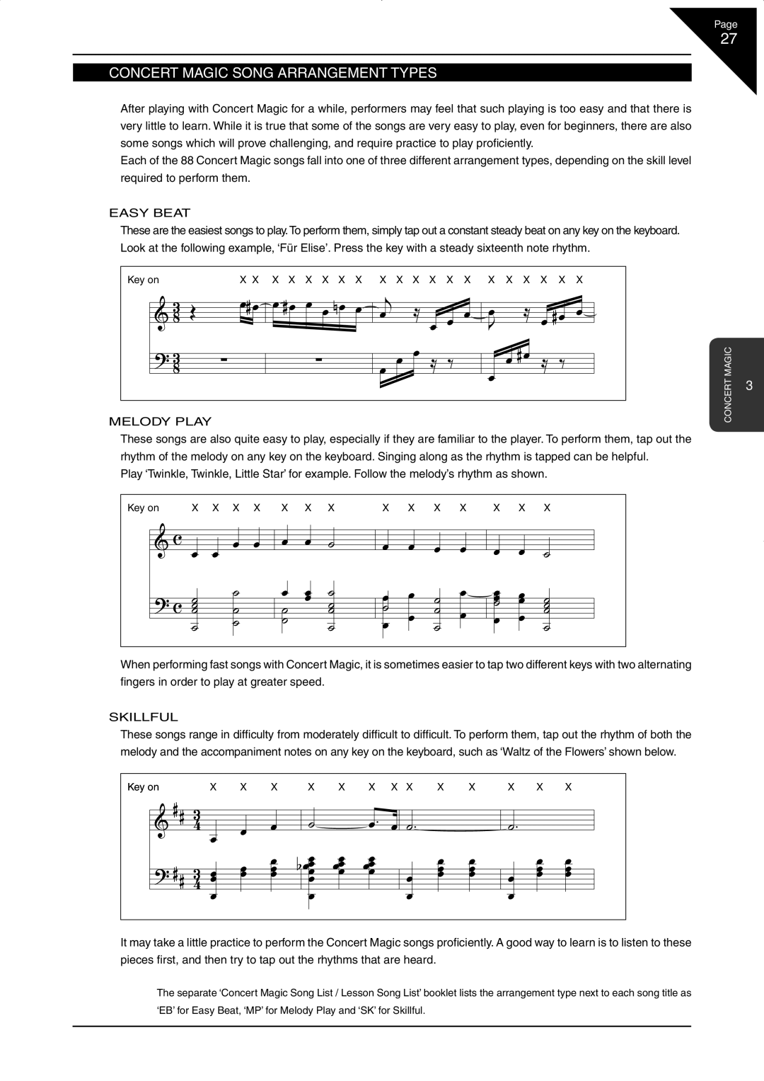 Kawai CN33 manual ‘ Concert Magic Song Arrangement Types, „ Easy Beat 