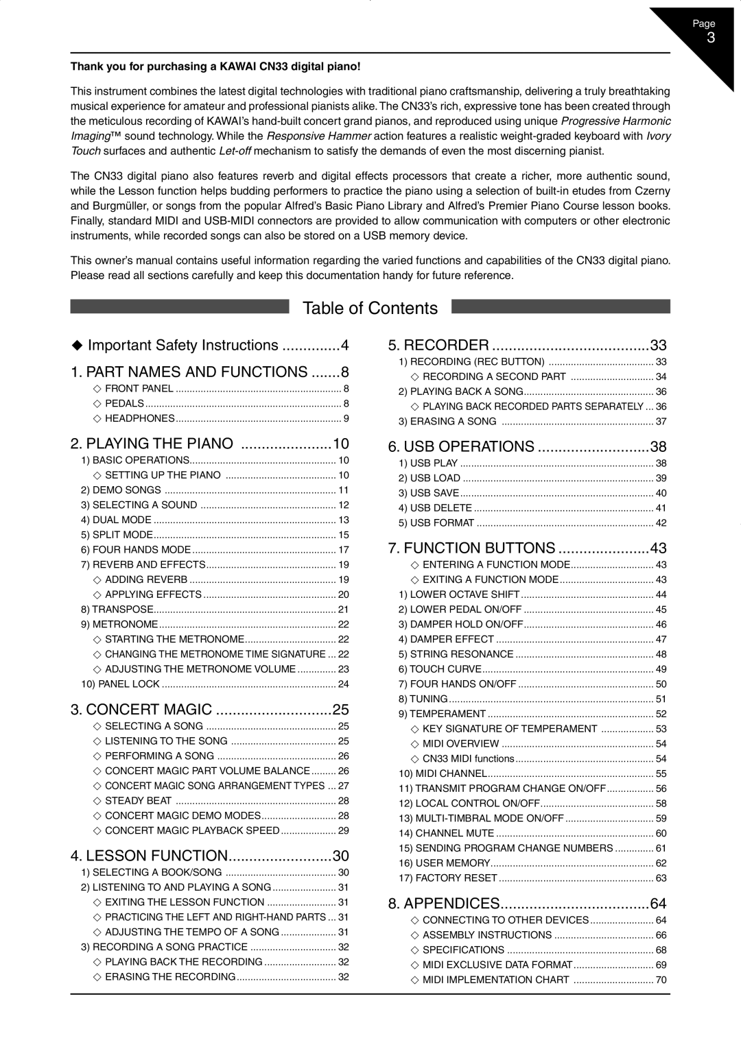 Kawai CN33 manual Table of Contents 