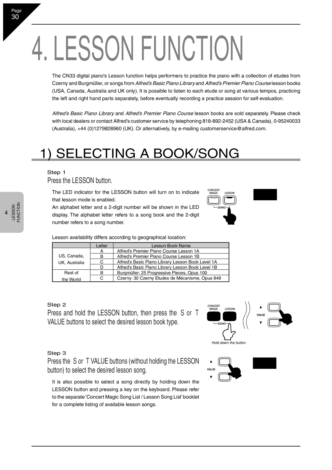 Kawai CN33 manual Selecting a BOOK/SONG, Press the Lesson button 