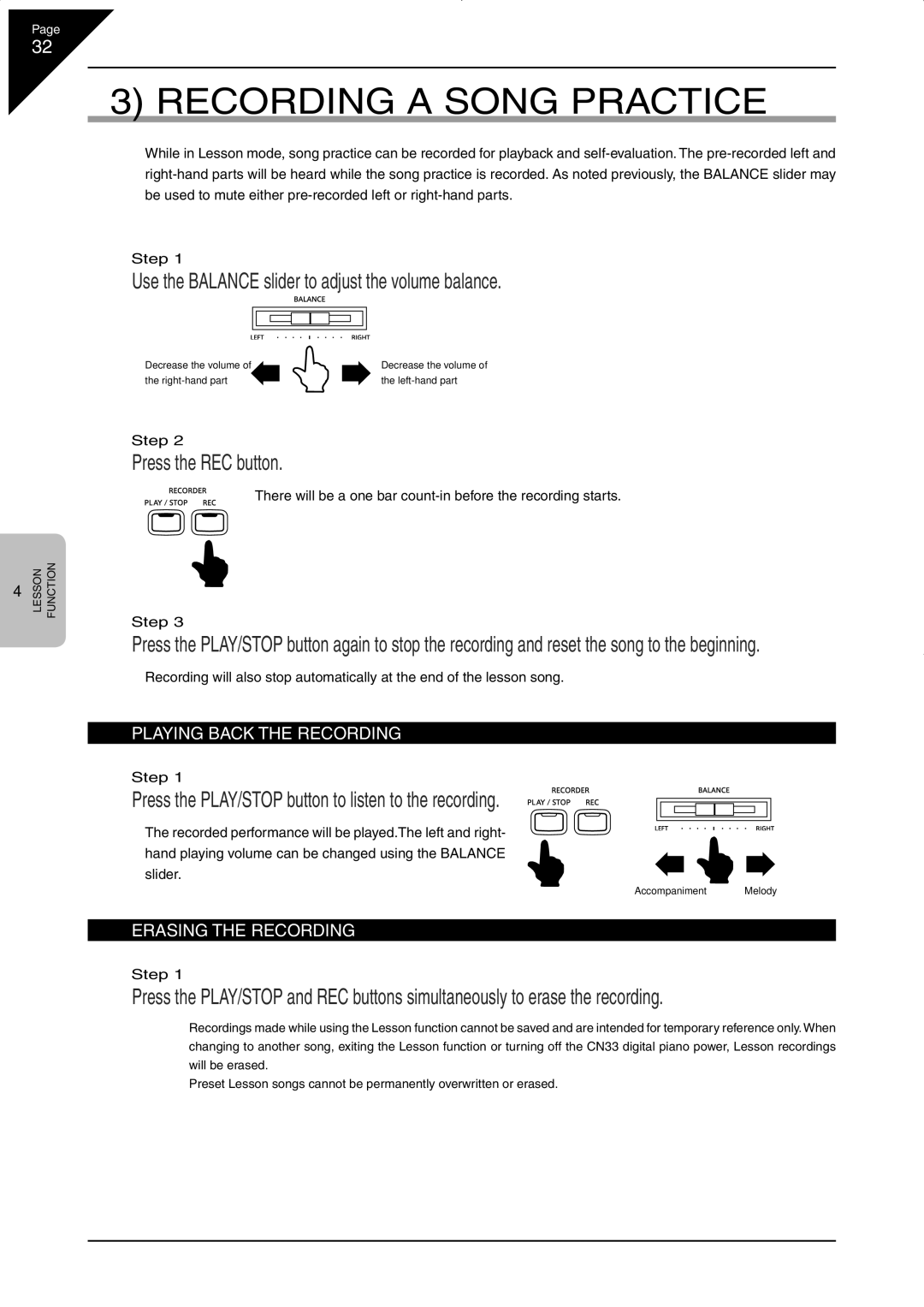 Kawai CN33 manual Recording a Song Practice, Press the REC button, Press the PLAY/STOP button to listen to the recording 
