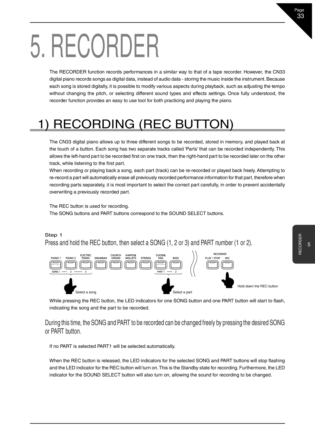 Kawai CN33 manual Recording REC Button, If no Part is selected PART1 will be selected automatically 