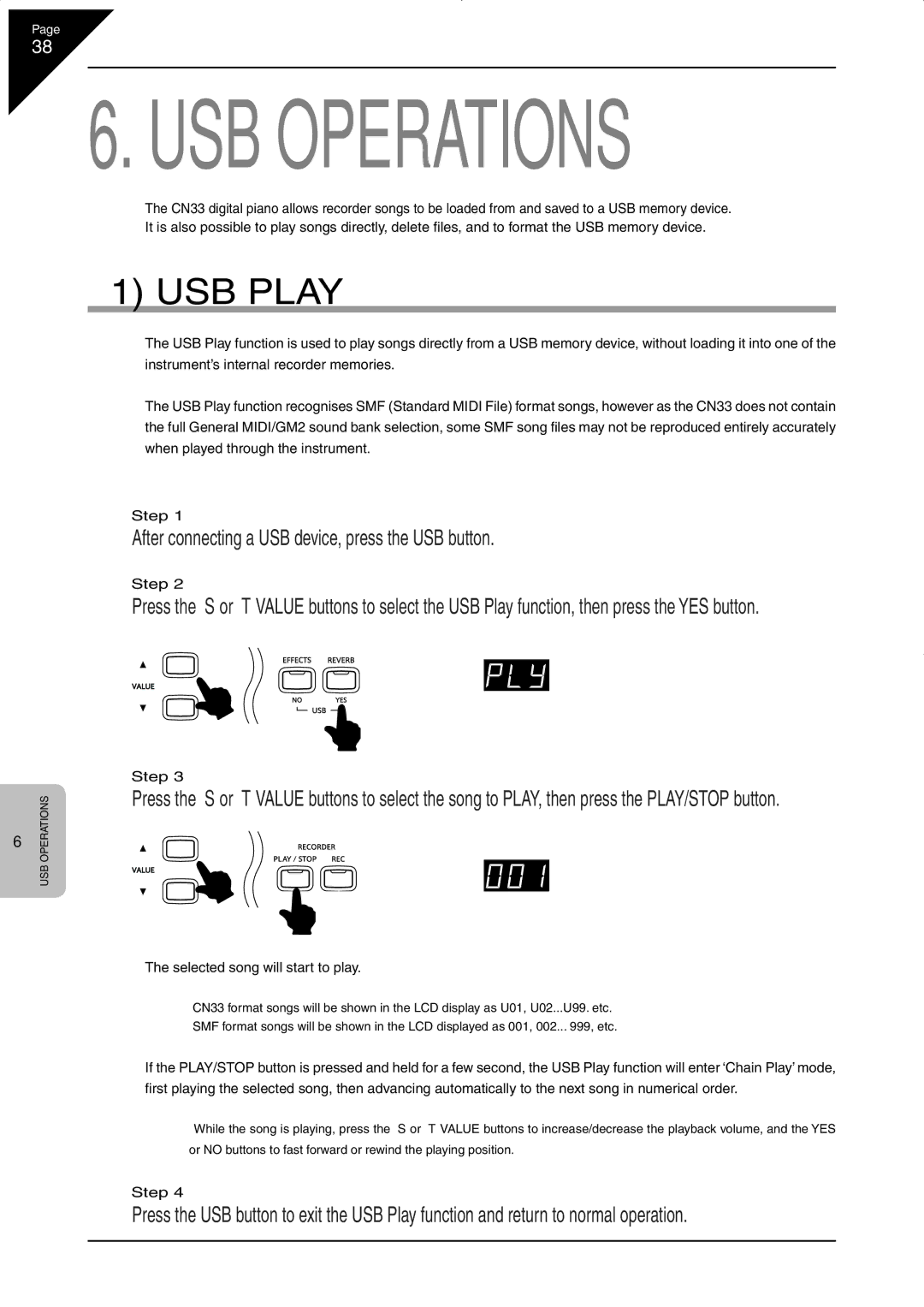 Kawai CN33 manual USB Play, After connecting a USB device, press the USB button, Selected song will start to play 