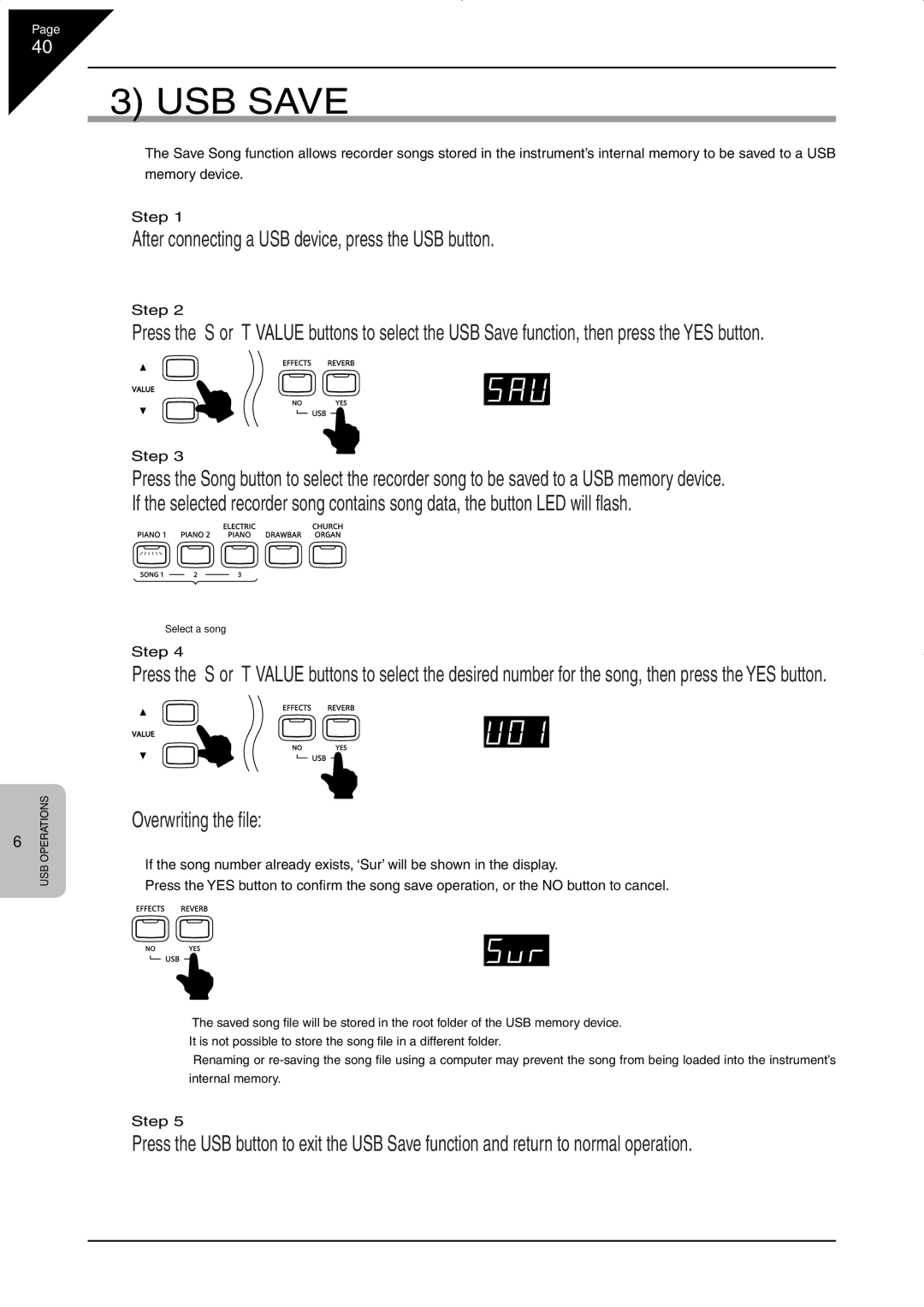 Kawai CN33 manual USB Save, Overwriting the ﬁle 