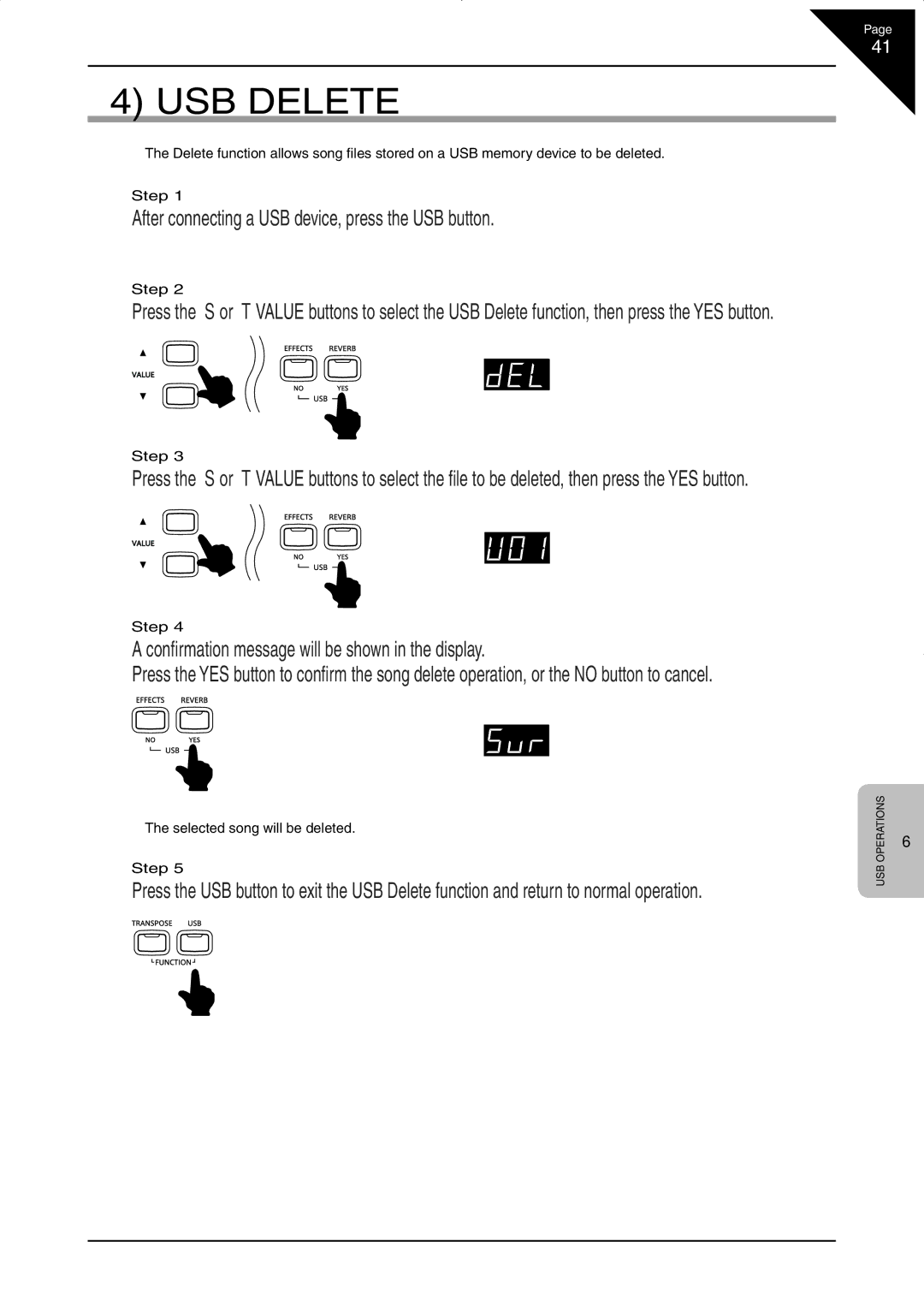 Kawai CN33 manual USB Delete, Conﬁrmation message will be shown in the display, Selected song will be deleted Step 