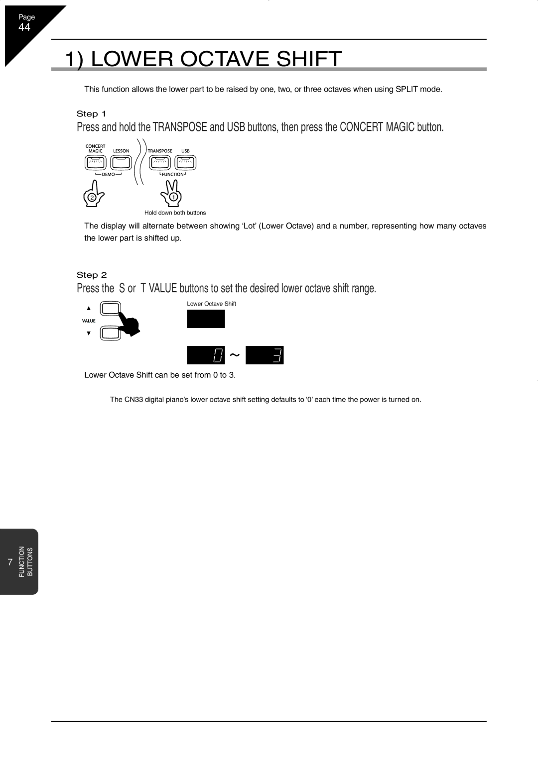 Kawai CN33 manual Lower Octave Shift can be set from 0 to 