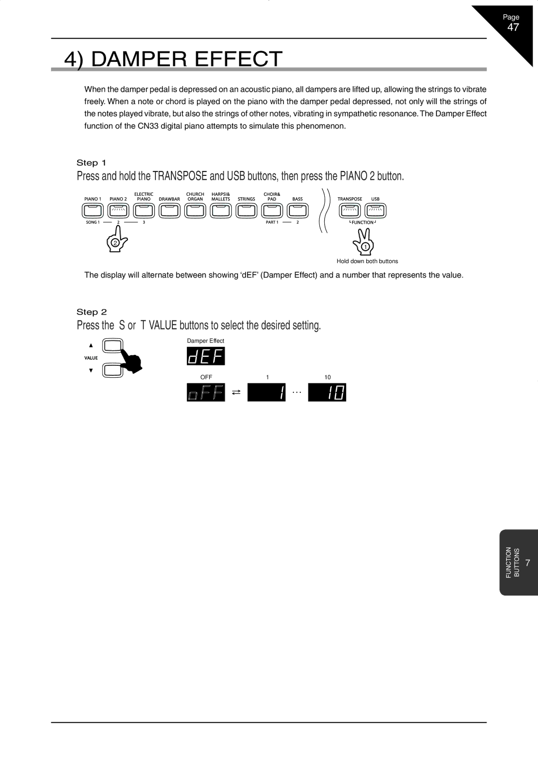 Kawai CN33 manual Damper Effect, Press the S or Tvalue buttons to select the desired setting 