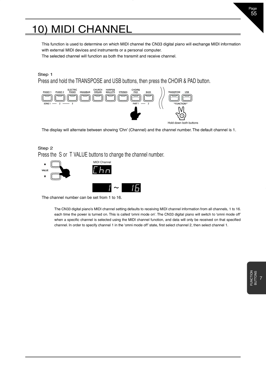 Kawai CN33 Midi Channel, Press the S or Tvalue buttons to change the channel number, Channel number can be set from 1 to 