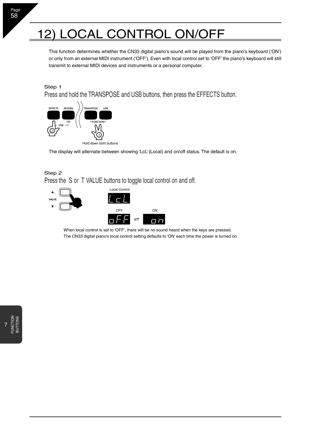 Kawai CN33 manual Local Control ON/OFF 