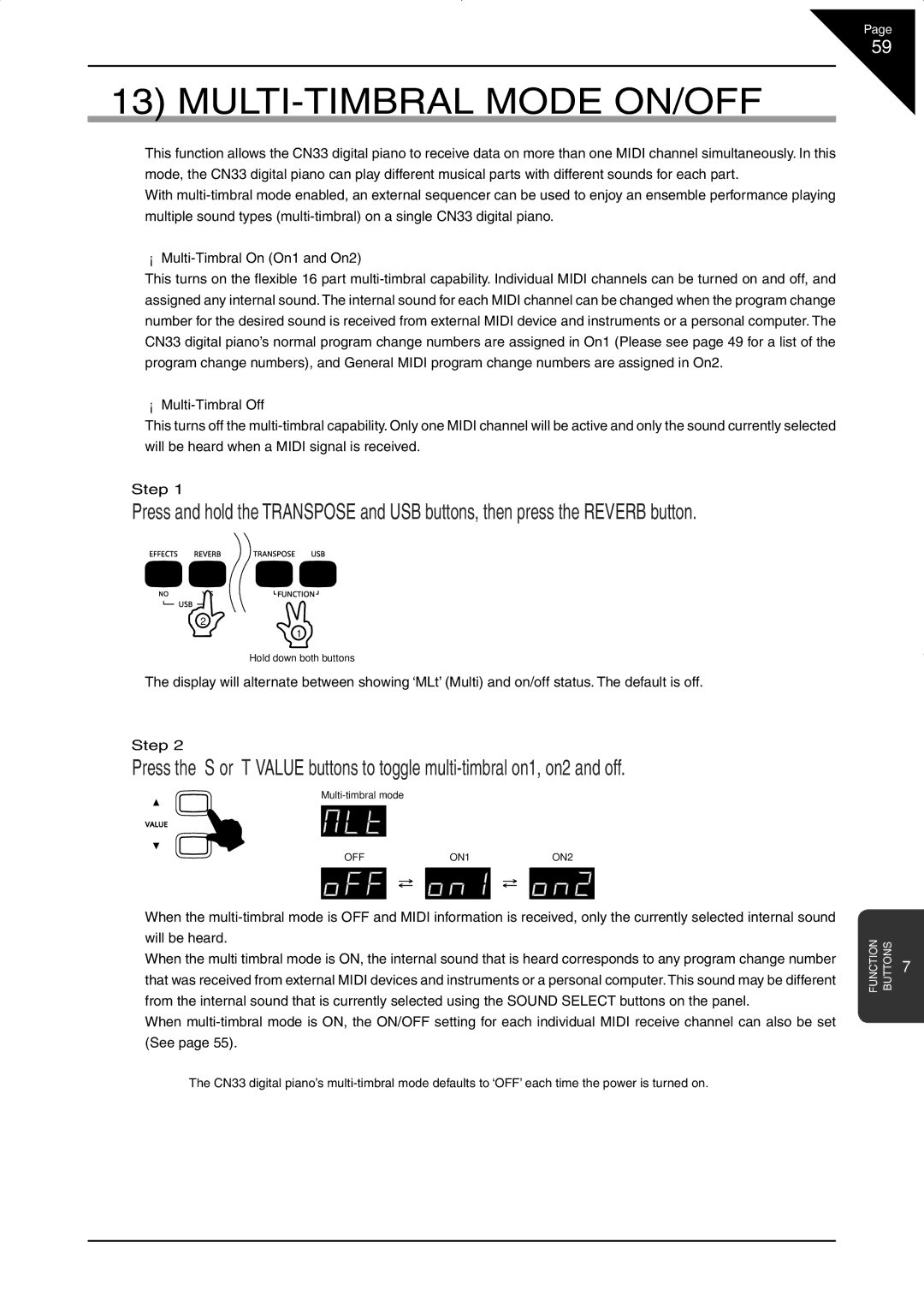 Kawai CN33 manual MULTI-TIMBRAL Mode ON/OFF 