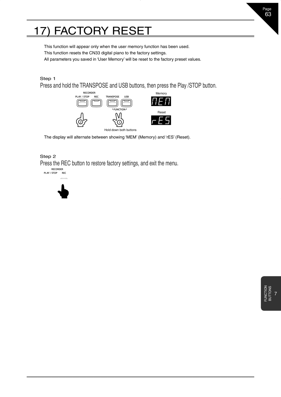 Kawai CN33 manual Factory Reset 