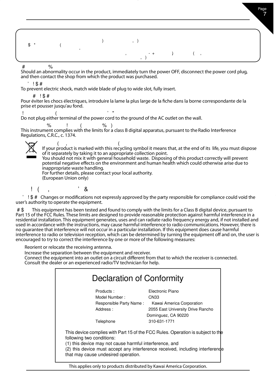 Kawai CN33 manual Declaration of Conformity 