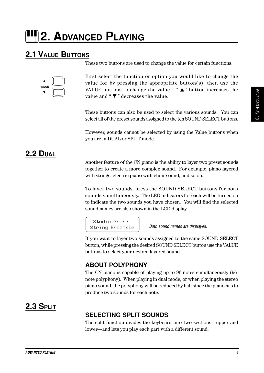 Kawai CN4 manual Advanced Playing, About Polyphony, Selecting Split Sounds, Value Buttons 