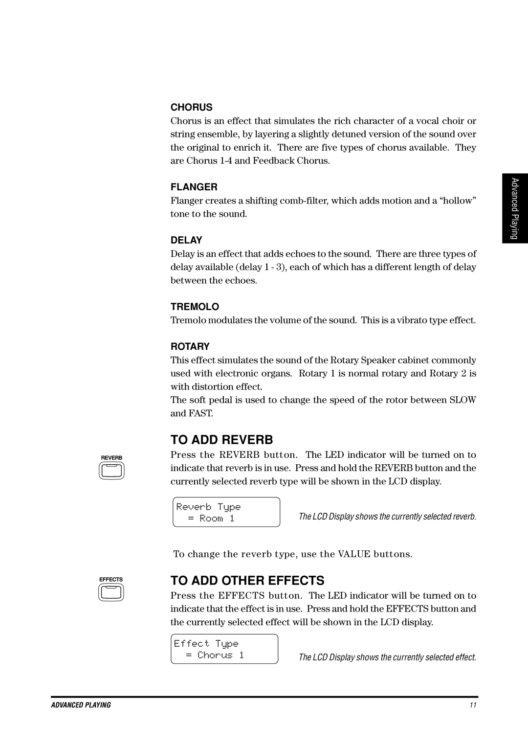 Kawai CN4 To ADD Reverb, To ADD Other Effects, Reverb Type, Effect Type, To change the reverb type, use the Value buttons 