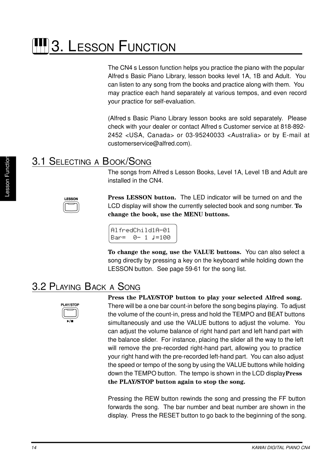 Kawai CN4 manual Lesson Function, Selecting a BOOK/SONG, Playing Back a Song, AlfredChild1A-01 Bar= 0- 1 =100 