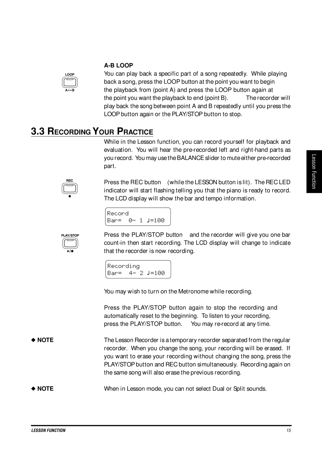 Kawai CN4 manual Recording Your Practice, Record Bar= 0- 1 =100, Bar= 4- 2 =100 