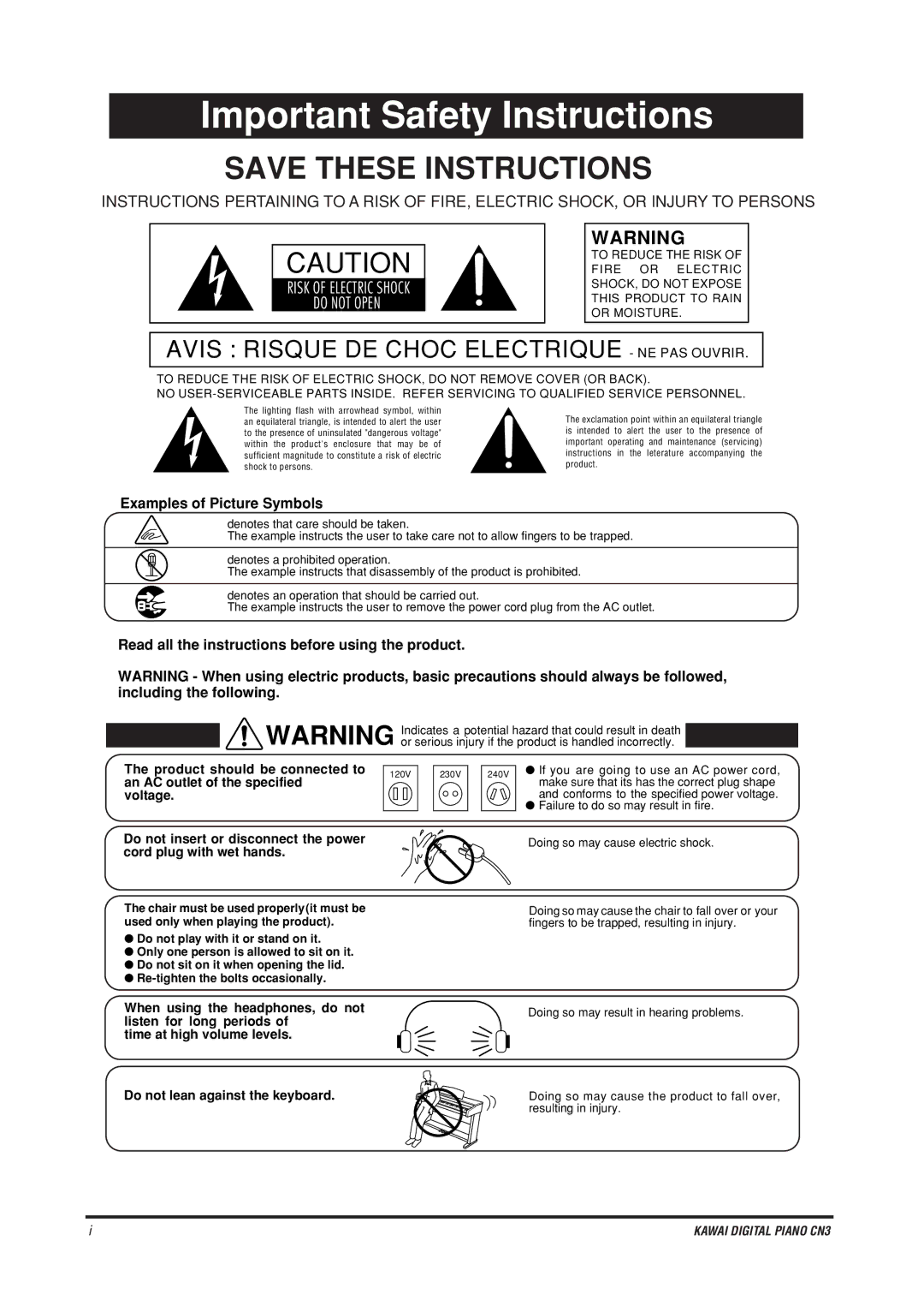 Kawai CN4 manual Important Safety Instructions 