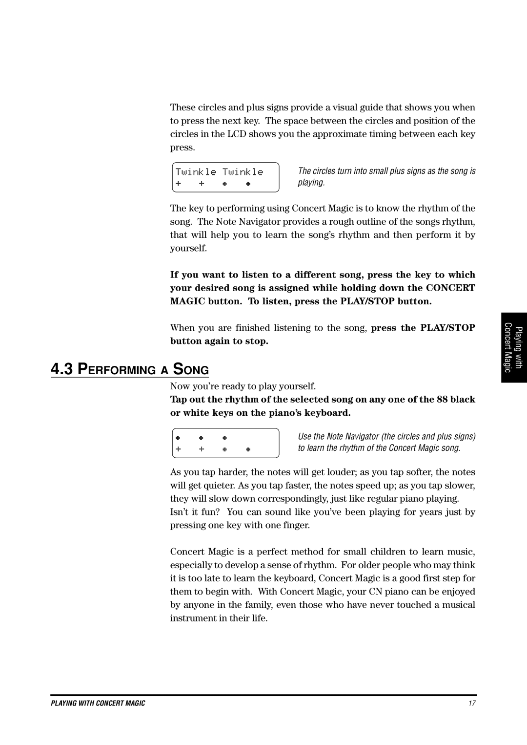 Kawai CN4 manual Performing a Song, Twinkle, + +, Button again to stop 