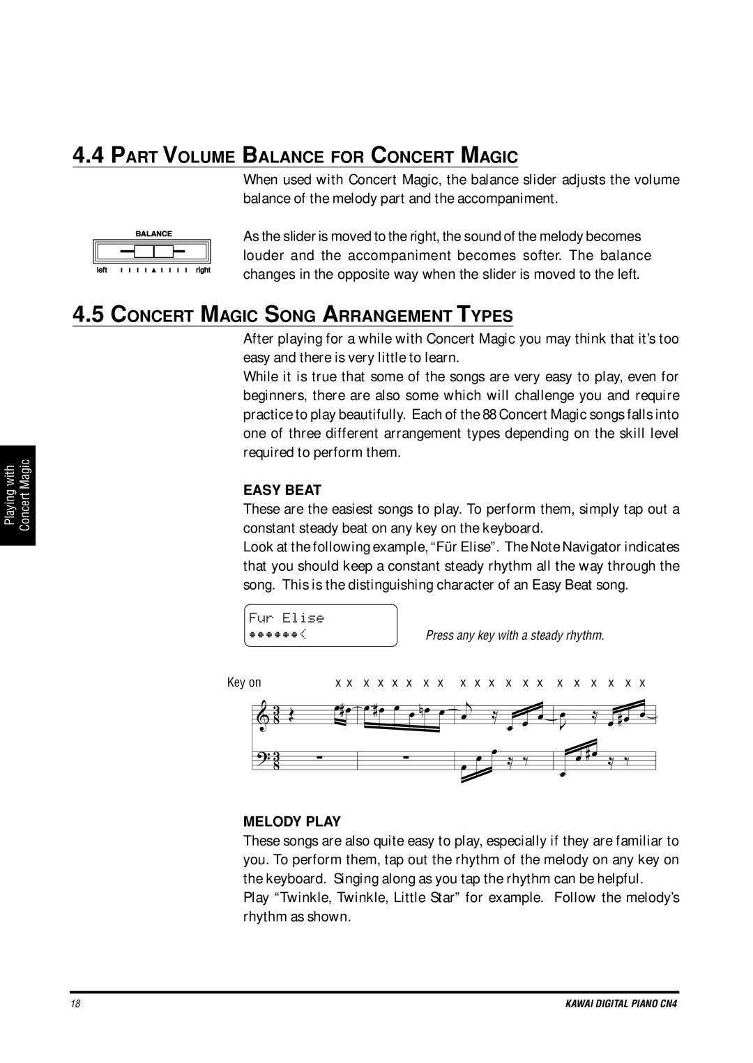 Kawai CN4 Part Volume Balance for Concert Magic, Concert Magic Song Arrangement Types, Fur Elise, Easy Beat, Melody Play 