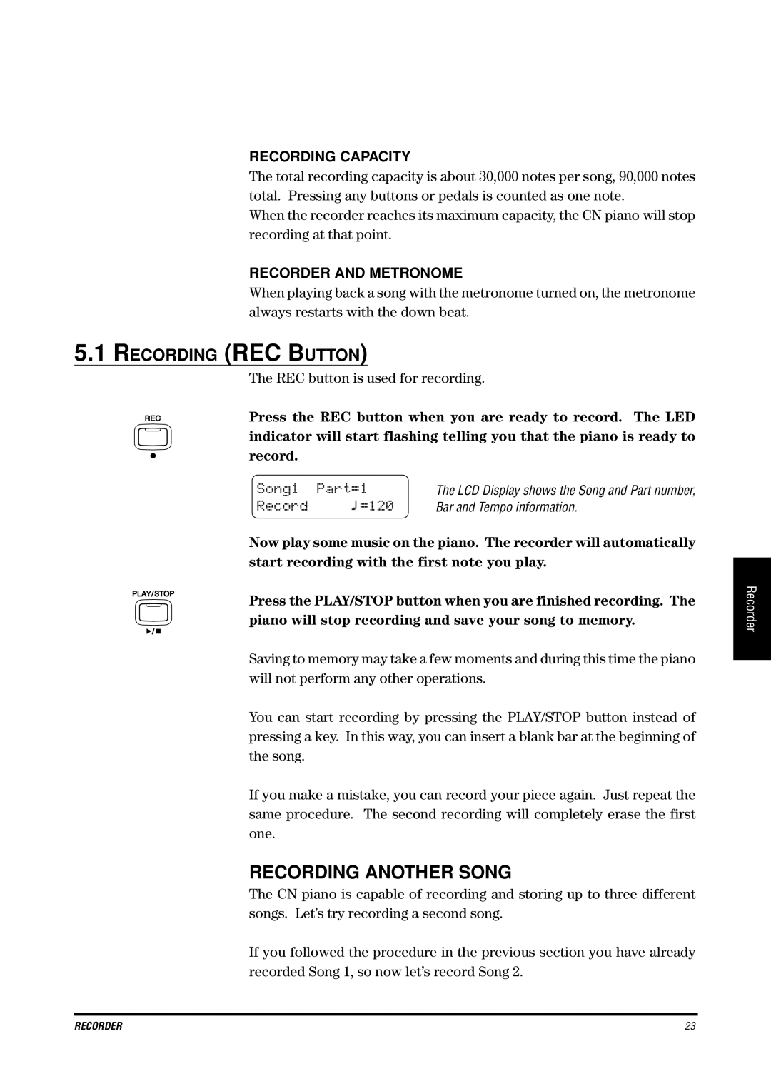 Kawai CN4 manual Recording Another Song, Recording REC Button, Song1 Part=1, Record =120 