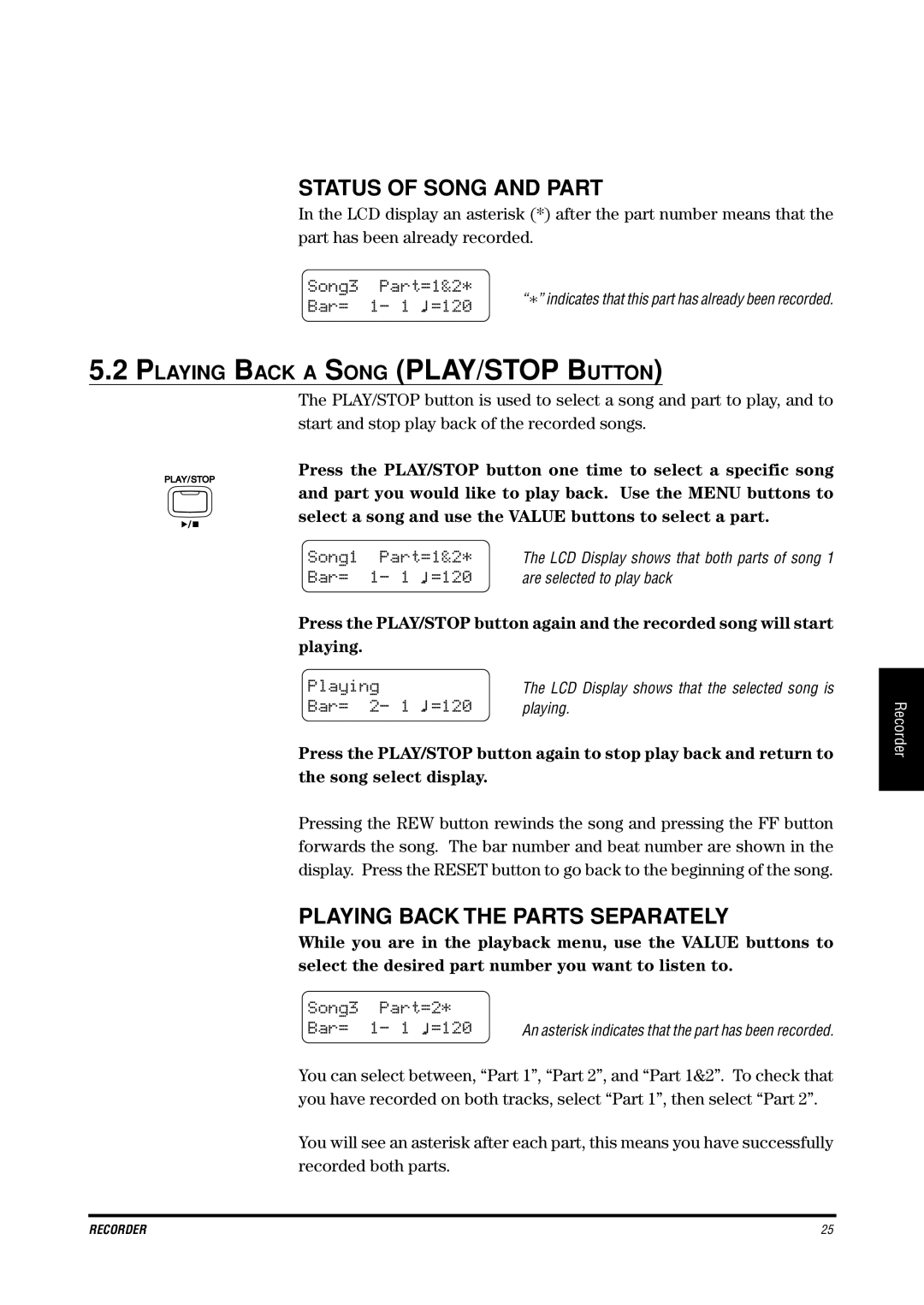 Kawai CN4 manual Status of Song and Part, Playing Back the Parts Separately, Playing Back a Song PLAY/STOP Button 