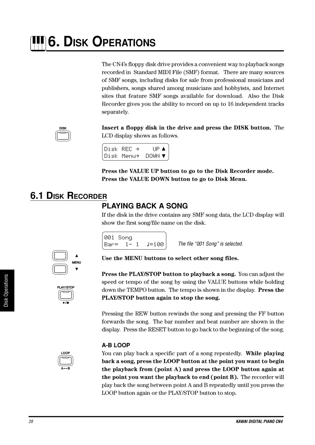 Kawai CN4 manual Disk Operations, Playing Back a Song, Disk Recorder 