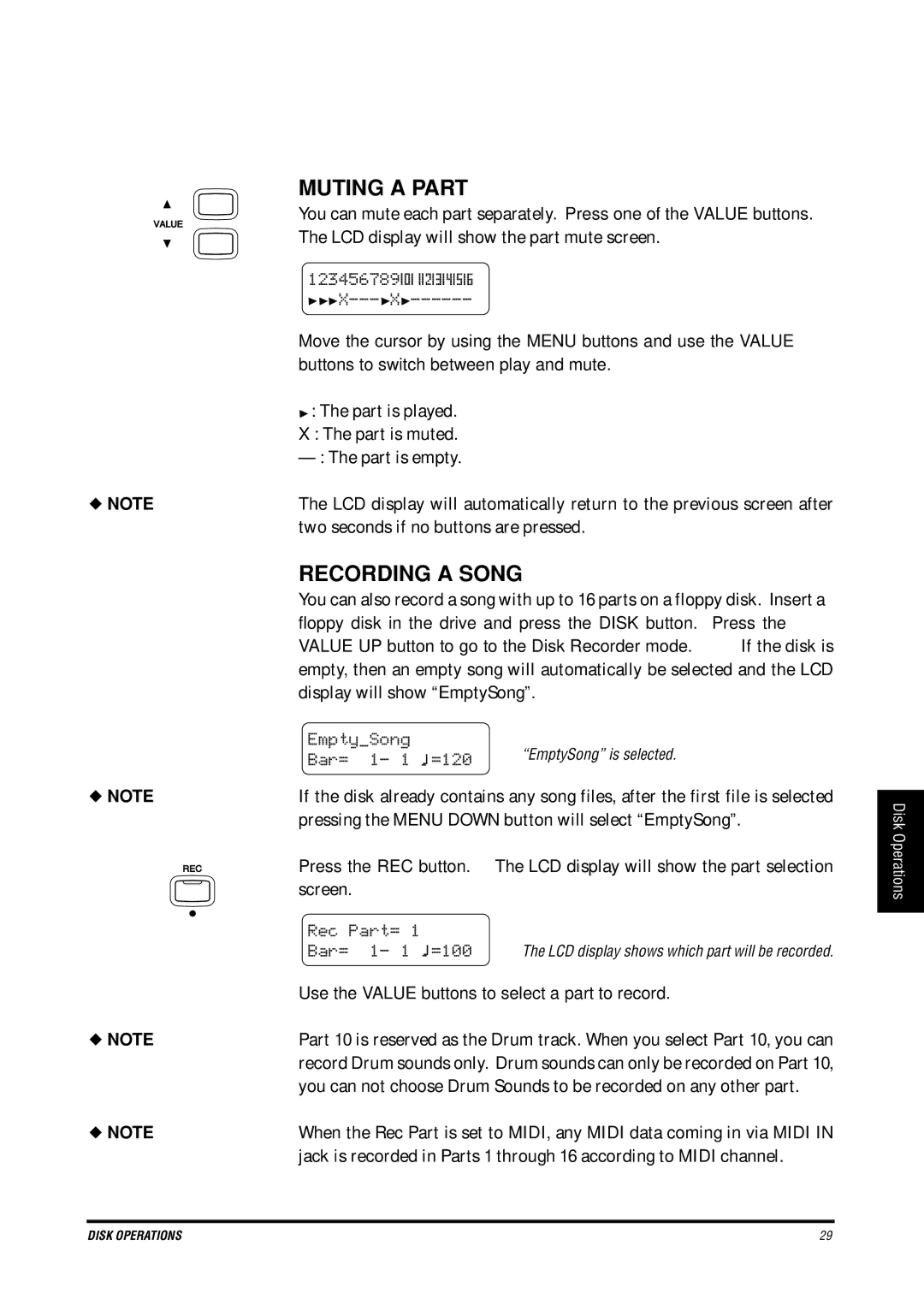 Kawai CN4 manual Muting a Part, Recording a Song, 123456789, EmptySong, Rec Part= Bar= =100 