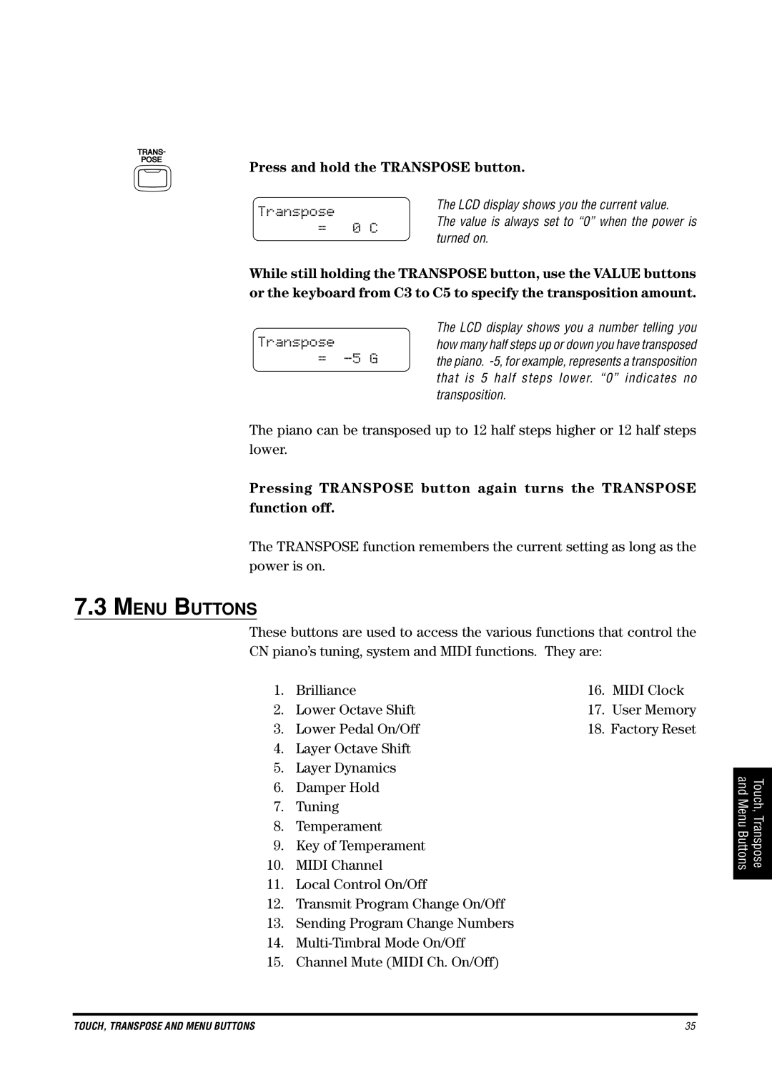 Kawai CN4 manual Menu Buttons, Press and hold the Transpose button 