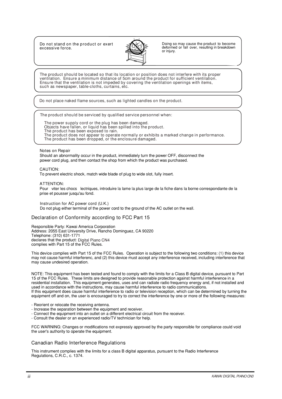 Kawai CN4 manual Declaration of Conformity according to FCC Part 