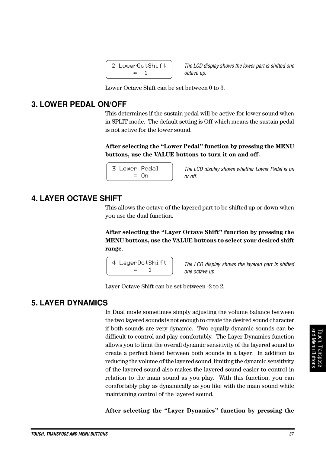 Kawai CN4 manual Lower Pedal ON/OFF, Layer Octave Shift, Layer Dynamics 