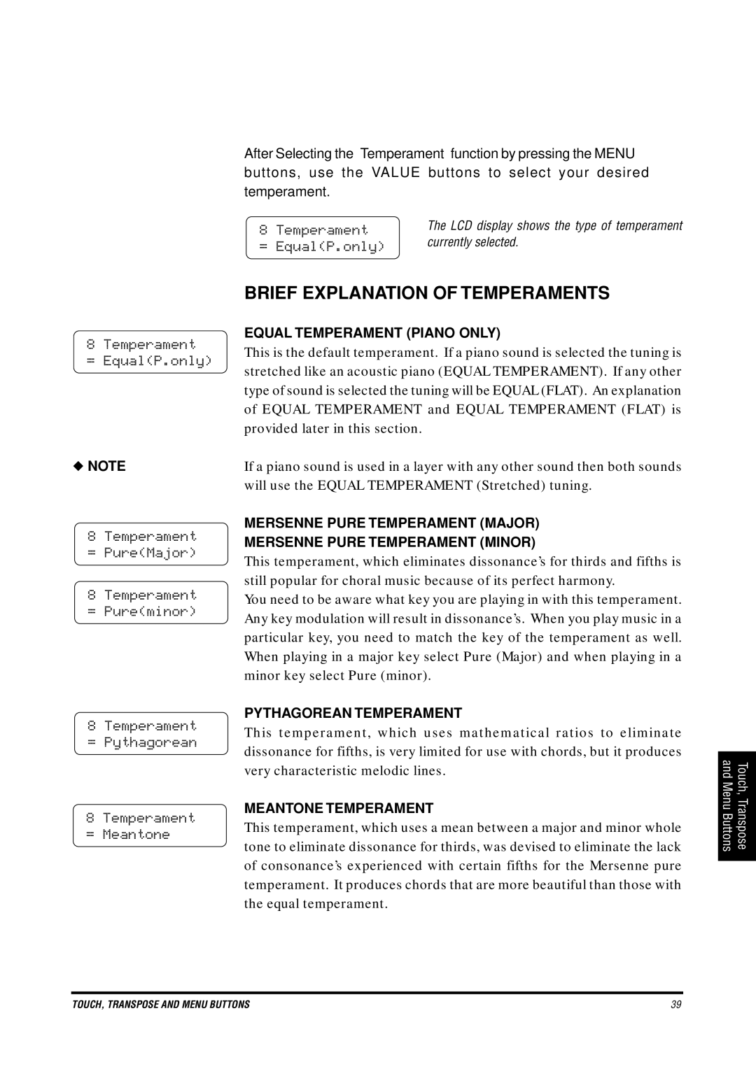 Kawai CN4 Brief Explanation of Temperaments, Equal Temperament Piano only, Pythagorean Temperament, Meantone Temperament 