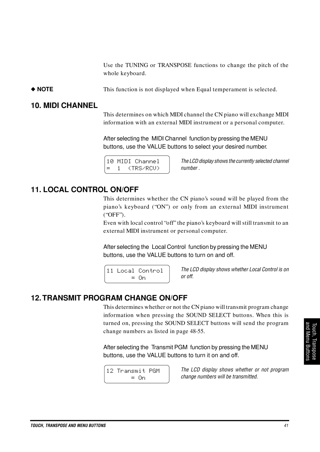 Kawai CN4 manual Midi Channel, Local Control ON/OFF, Transmit Program Change ON/OFF 